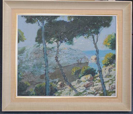 Paya Sanchis (1892-1977) Pine trees beside the coast, 19.75 x 24in.